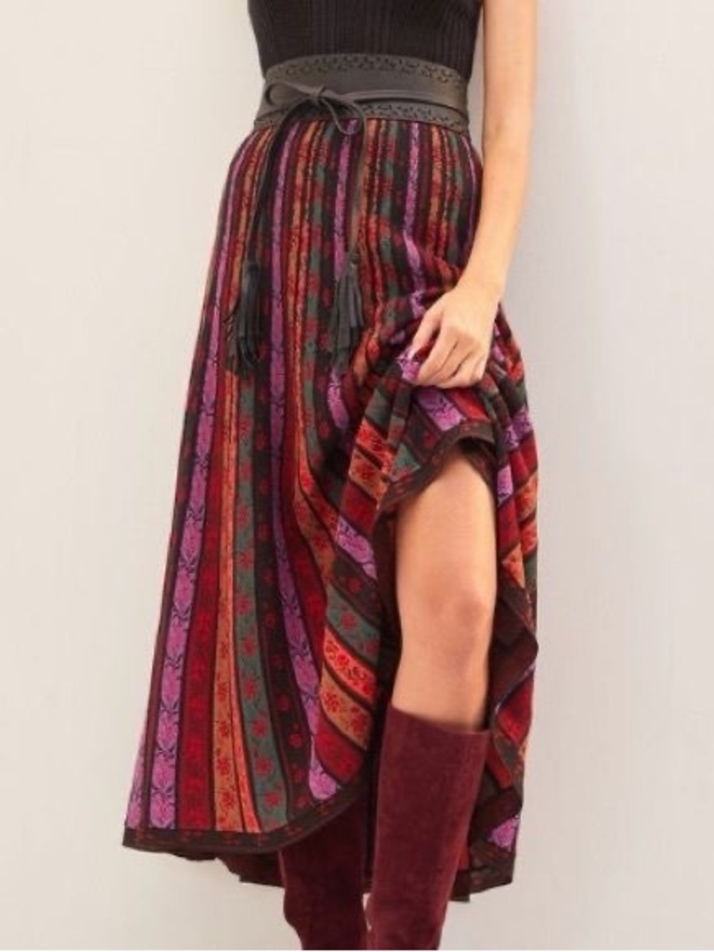 Anthropologie Striped Floral Maxi Skirt in Red, Purple, Green